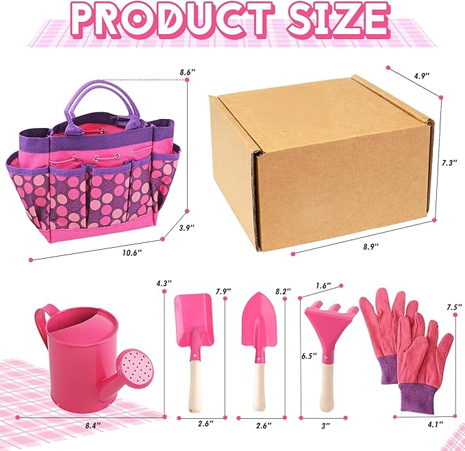 Kids Gardening Tools Set, Toddler Play Kit Child Outdoor Toy with Gloves, Watering Can, Metal Shovel, Rake, Spade & Storage Bag, Backyard Sand Digging Birthday for Boys Girls 3 4 5 (Pink)