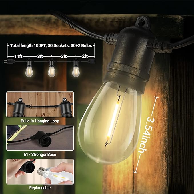 Brightever LED Outdoor String Lights, 100FT Waterproof Heavy Duty Outside Lights for Patio with 32 Shatterproof Dimmable S14 Edison Bulbs, Warm White Outdoor Lighting for House, Backyard, Garden