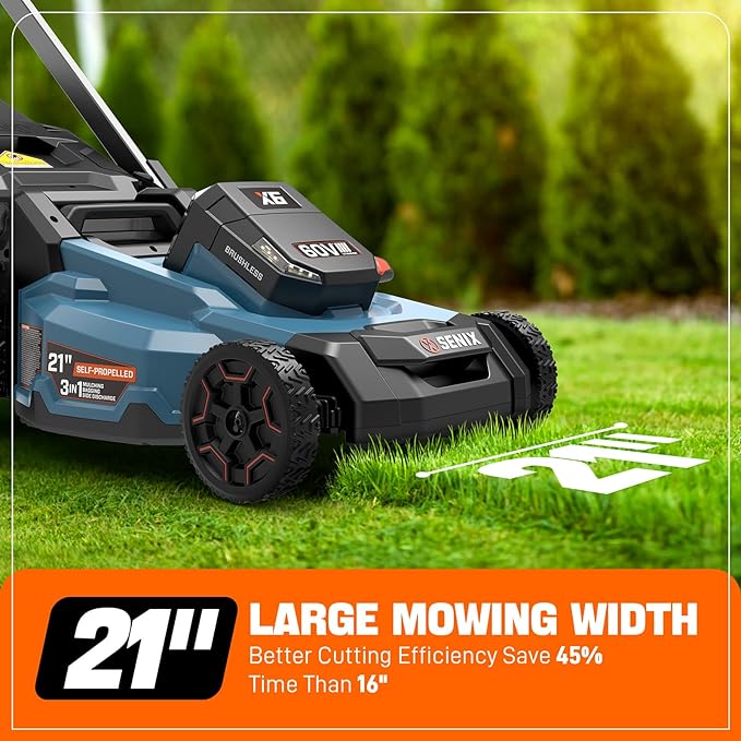 SENIX X6 60 Volt Max* 21-Inch 3-in-1 Cordless Push Lawn Mower,Self-Propelled,with Bagging,Mulching,Side Discharge,Height Adjustment,Smart Display,8Ah Lithium-ion Battery&Charger Included (LPSX6-H)