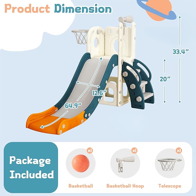 6 in 1 Toddler Slide, Kids Slider for 1-3, Indoor Outdoor Playset Playground with Basketball Hoop, Storage, Climber and Telescope, Great Gift for Baby & Child, Green and Yellow