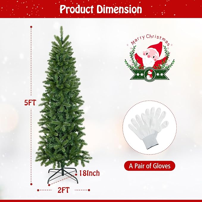 GOFLAME 5ft Pre-lit Pencil Christmas Tree, Artificial Christmas Tree with 180 LED Lights, 10 Light Modes, 390 Branch Tips, Metal Stand, Hinged Xmas Tree for Holiday Festival Decor