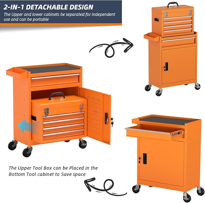 5-Drawer High Capacity Rolling Tool Box, Removable Cabinet Storage Tool Chest with Wheels and Drawers, Detachable Toolbox with Lock for Mechanics Garage Workshop and Tool Room (Orange)