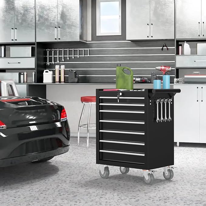 7 Drawer Rolling Tool Chest with Wheels, Portable Tool Cart with Drawers, Storage Cabinet for Garage, Warehouse and Repair Shop (Black)