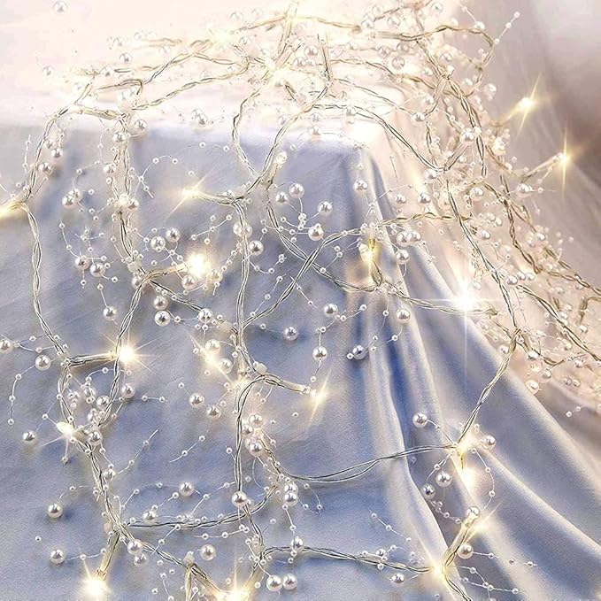 OVV Christmas Decorations 13FT Pearl Garland String Lights 40LED Festive Lighted Berry Beaded Indoor Xmas Decor Warm Lights for Bedroom Mantel Wedding Party Battery Operated (White)