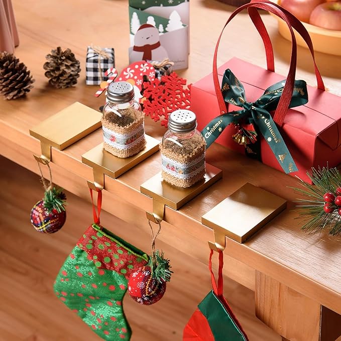 6 Pcs Christmas Stocking Holders Hanging Hooks Heavy Duty Mantel Stocking Holder Bases Weighted Metal Stocking Hangers for Shelf Fireplace Stair Xmas Party Decor (6, Gold)