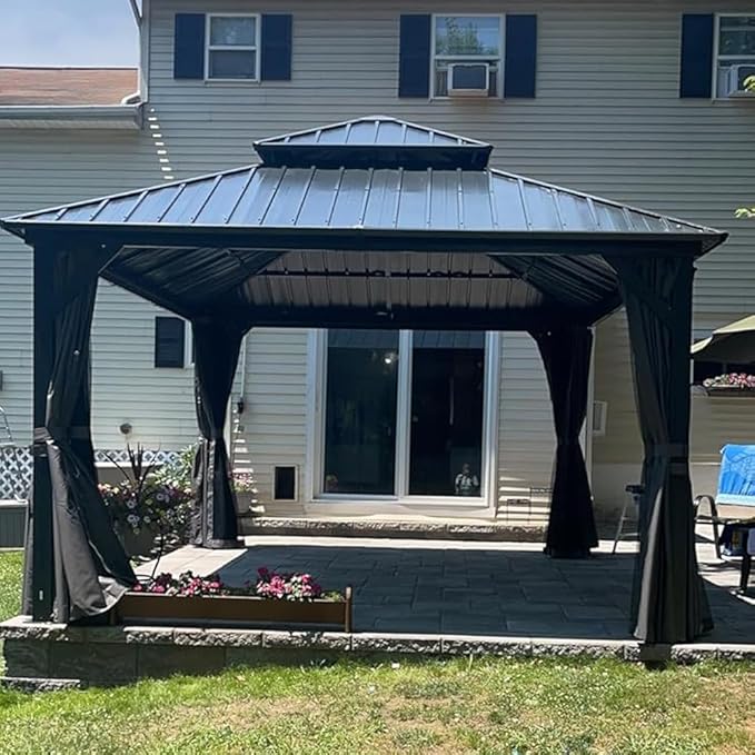 Domi 10’ x 10’ Hardtop Gazebo Metal Frame Canopy with Netting & Curtains, Outdoor Permanent Metal Pavilion with Galvanized Steel Double Roof for Patio Lawn and Garden, Gray