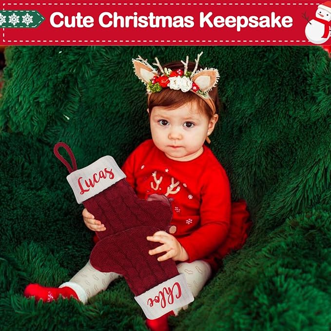 Mini Custom Christmas Stockings with Names - 6" W x 7" L Burgundy Red Personalized Christmas Stockings, Kids Family Small Knitted Xmas Stocking for Fireplace Decoration, 3 Pack