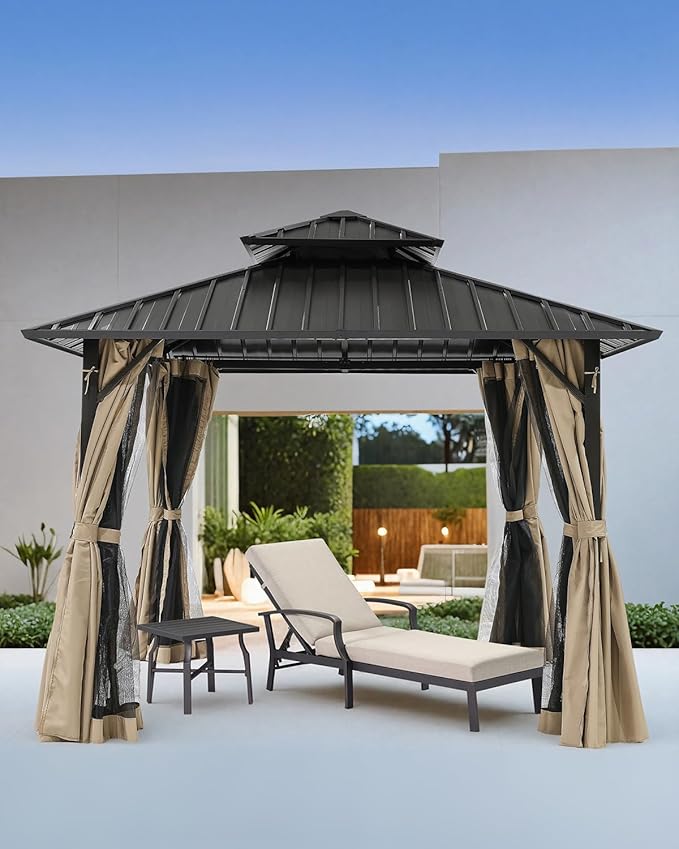12' x 12' Hardtop Gazebo, Aluminum Frame Patio Hardtop Gazebos with Netting and Curtain, Outdoor Patio Pergola, Outdoor Patio Gazebo with Double Metal Roofs for Lawns, Garden, Deck, Sandstone