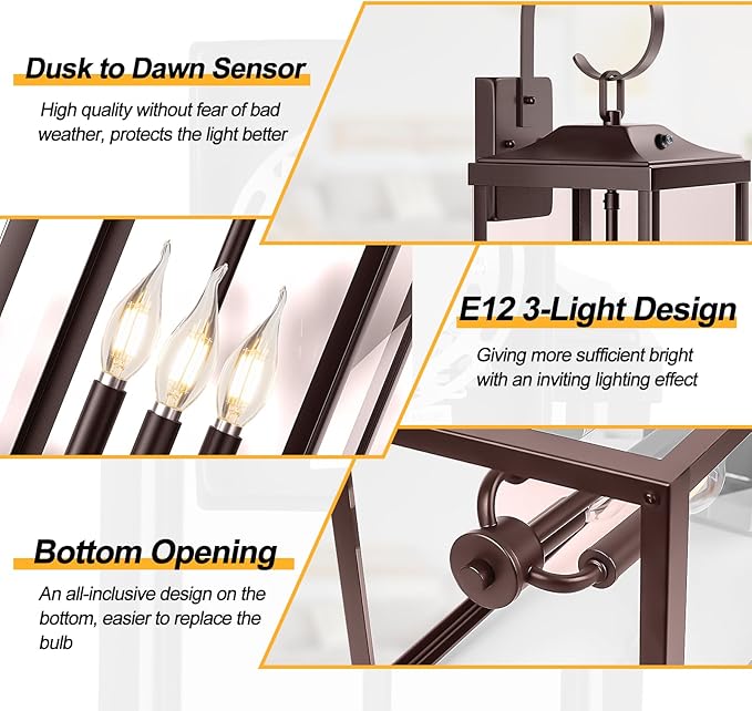 2 Packs 24" Extra Large Dusk to Dawn Light Fixture 3-Light, Oil Rubbed Bronze Outdoor Porch Lantern Wall Mounted, Waterproof Modern Outside Wall Sconce Brown Lamp for House, E12