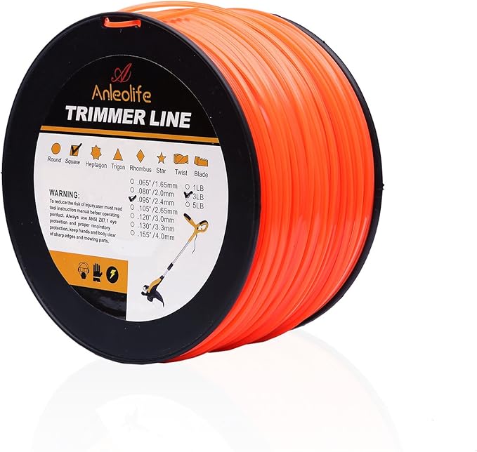 A ANLEOLIFE 3-Pound Commercial Square .095-Inch-by-780-ft String Trimmer Line in Spool, with Built-in Line Cutter, Orange