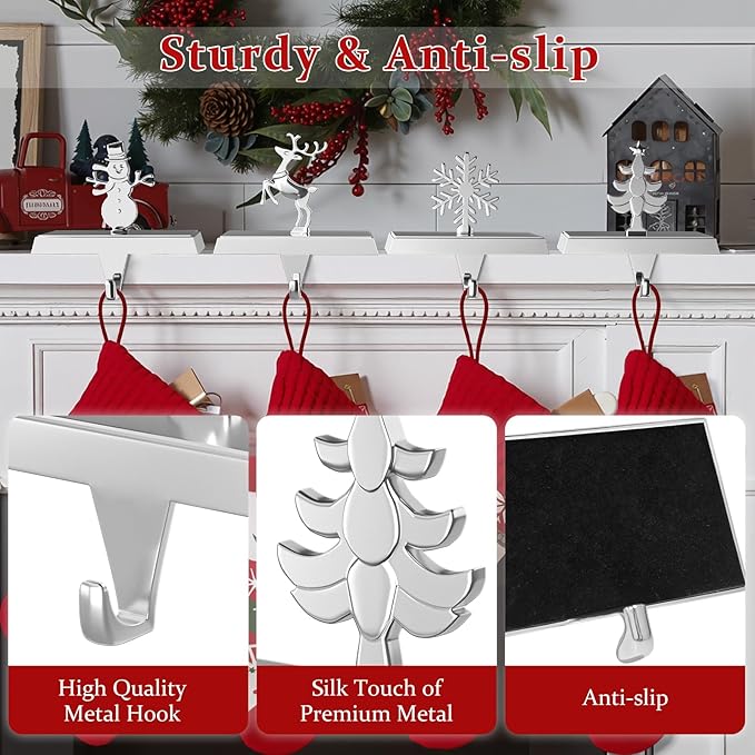 Stocking Holders for Mantle and Garland Hanger, 4-Pack Metal Christmas Stocking Hooks, Ideal for Christmas Celebrations, Festive Home Decorations, and Party Supplies