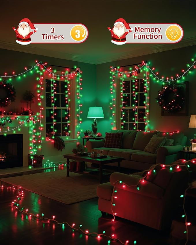 Christmas Lights String Outdoor Indoor, 1200 LED 403FT Red Green Xmas Tree Decorations Lights, Plug in Twinkle Fairy Light with Remote Timer Dimmable for Room Yard Holiday Party Wedding Camping Decor