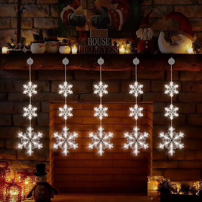 5Pcs Christmas Window Lights, Battery Powered Twinkle Lights Christmas Decorations Indoor Outdoor for Wall Door Porch Balcony Glass Decor with Suction Cup & Timer