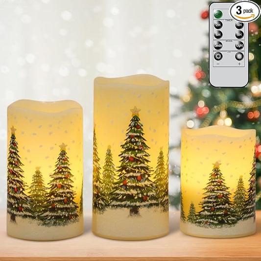 Wondise Flameless Flickering Pillar Candles with Remote Timer, Real Wax Battery Operated Christmas Tree Pine Tree Decal LED Candle for Christmas Decoration Gifts, Set of 3(D3 x H4/5/6 Inch)
