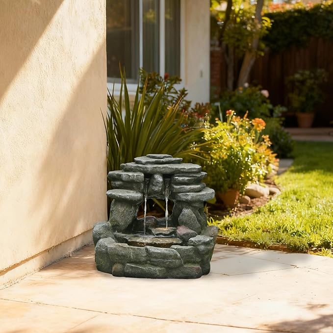 15.6''H Small Rock Water Fountain Outdoor&Indoor, 3-Tier Garden Waterfall with Warm Lights and 2 Flows for Patio, Backyard, Deck, Porch, Home DéCor, Stone Gray