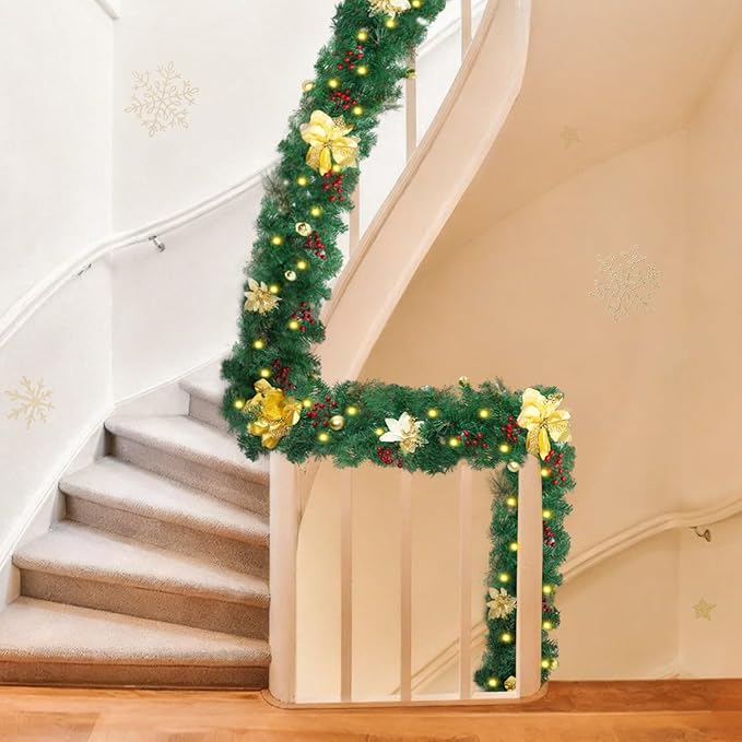 Christmas Garland with Lights, 6 Ft Real Touch Winter Pine Garland, Green Artificial Greenery Garland for Table, Table, Stairs, Door, Christmas Decor for Home Wedding Fireplace Party (One Pack)