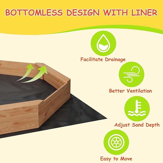 82 Extra Large Wooden Octagon Sandbox with Cover and 4 Bench Seats, Outdoor Kids Sand Pit with Bottom Liner, Fits 6-8 Children, Solid Fir Wood Sandpit for Backyard, Patio, Ages 3-8