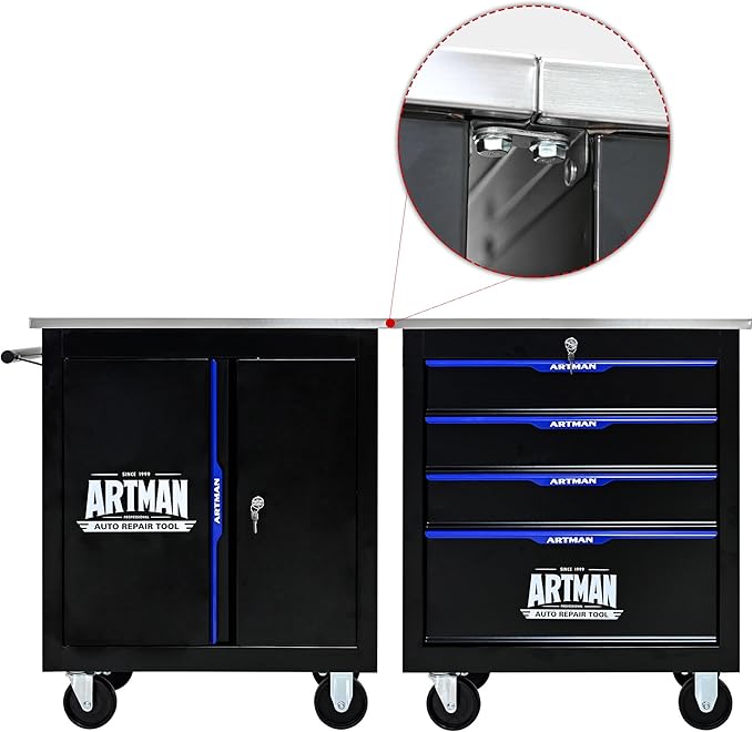 RYH 4/5/6/7 Drawers Rolling Tool Chest -Heavy Duty Mobile Metal Tool Box with Locking Wheels, with Stainless Steel Worktop, Garage Tool Storage Cabinet (Black-Blue, 4-Drawers 30.7 H¡¿25.9 W)