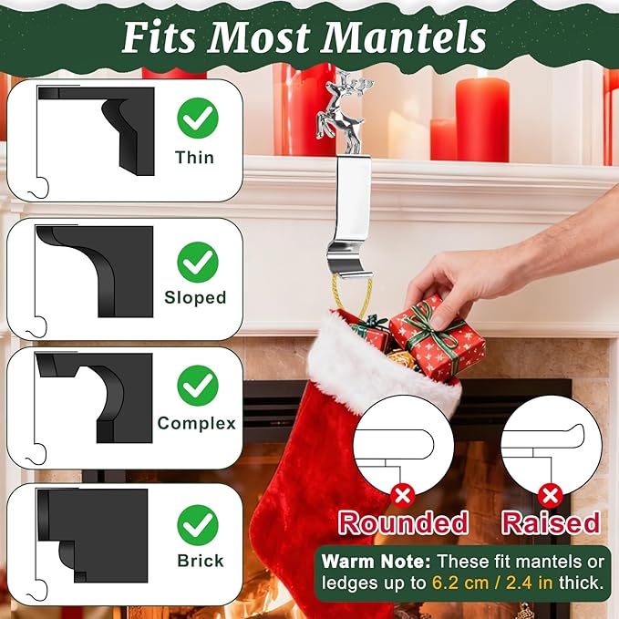 cyrico Christmas Stocking Holders for Mantle, Set of 6, Sturdy Metal Stocking Hangers for Mantel, Cute Lightweight Silver Xmas Mantle Hooks for Fireplace Window Counter Christmas Party Decoration