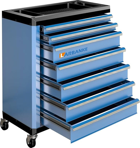 LARBANKE 7-Drawer Rolling Tool Chest with Lock&Keys and Swivel Casters,Tool Chest with Multi-Sizes Drawers and Multifunctional Countertop,Special Connect Rods for Connection with 5-Drawer Tool Cabinet