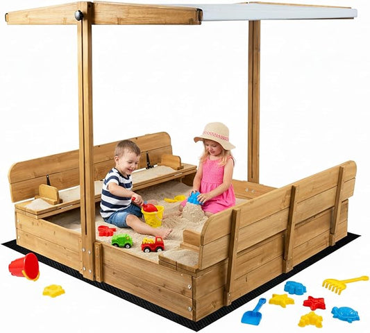 Large Wooden Kids Sandbox with Lid, Outdoor Weatherproof Sand Box with Covers, 2 Foldable Benches, Adjustable Height Canopy, Gift for Kids Aged 2-8 (47x47in)