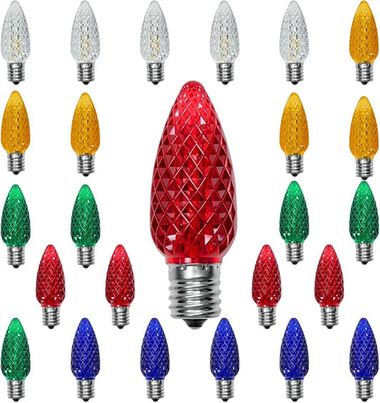 25 Pack Multicolor C9 LED Christmas Lights Replacement Bulbs, Shatterproof Plastic C9 Led Bulbs for Outdoor String Lights, E17 Base, 0.6W Equivalent to 7W, 50lm Holiday Decoration