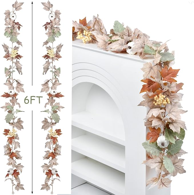 DearHouse 2 Pack Fall Garland Maple Leaf, 5.9Ft/Piece Hanging Vine Garlands Artificial Autumn Foliage Garland Thanksgiving Decor for Home Wedding Fireplace Party Christmas (White&Green)