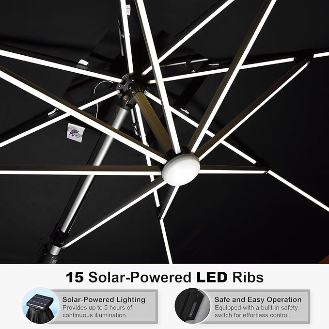 PURPLE LEAF 9' X 12' Double Top Deluxe Solar Powered LED Rectangle Patio Umbrella Offset Hanging Umbrella Outdoor Market Umbrella Garden Umbrella, Black