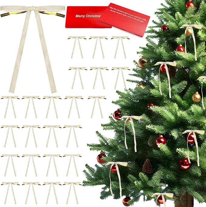 24 Pcs Velvet Bows for Christmas Tree Ribbon Bows for Home Tree Garland Wreath Indoor Rustic Crafts Gift Xmas Decorations Holiday Wedding Outdoor (Beige)