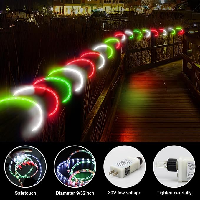 Christmas Rope Lights Outdoor, 33Ft 400 LED Red White Green String Light, Waterproof Tube Light Plug in 8 Modes Timer Memory, Permanent Christmas Lights for Tree Fence Garden Party Decorations