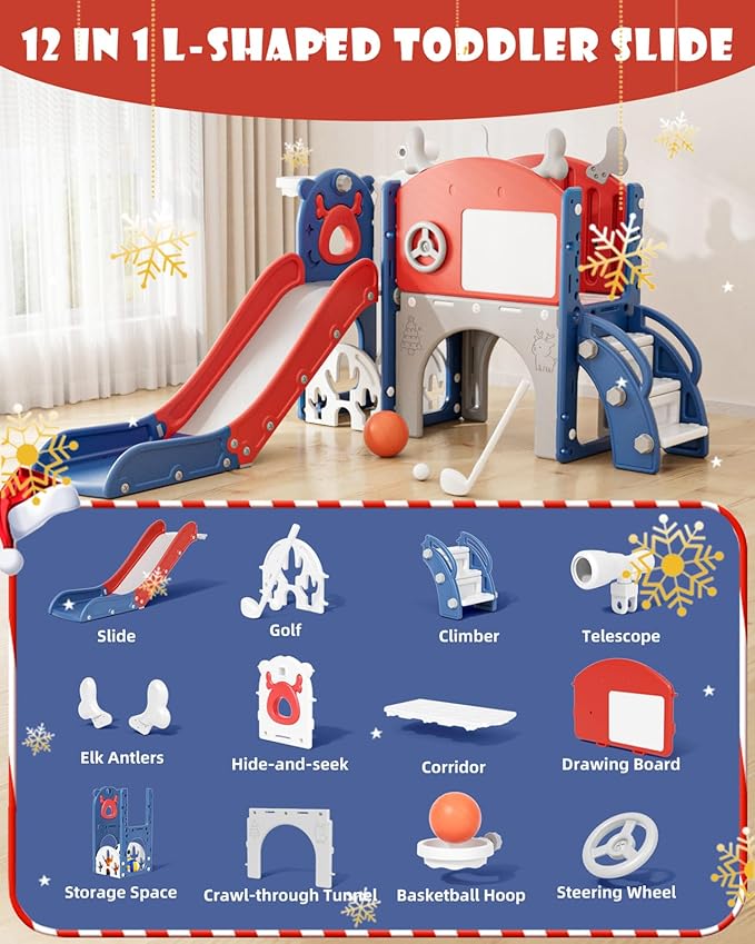 XJD Toddler Slide,12 in 1 Kids Slide for Toddlers 1-3, New Upgrade with Golf Set, Basketball Hoop, Drawing Board for Indoor Outdoor Playset,Toddler Playground (Red Blue)