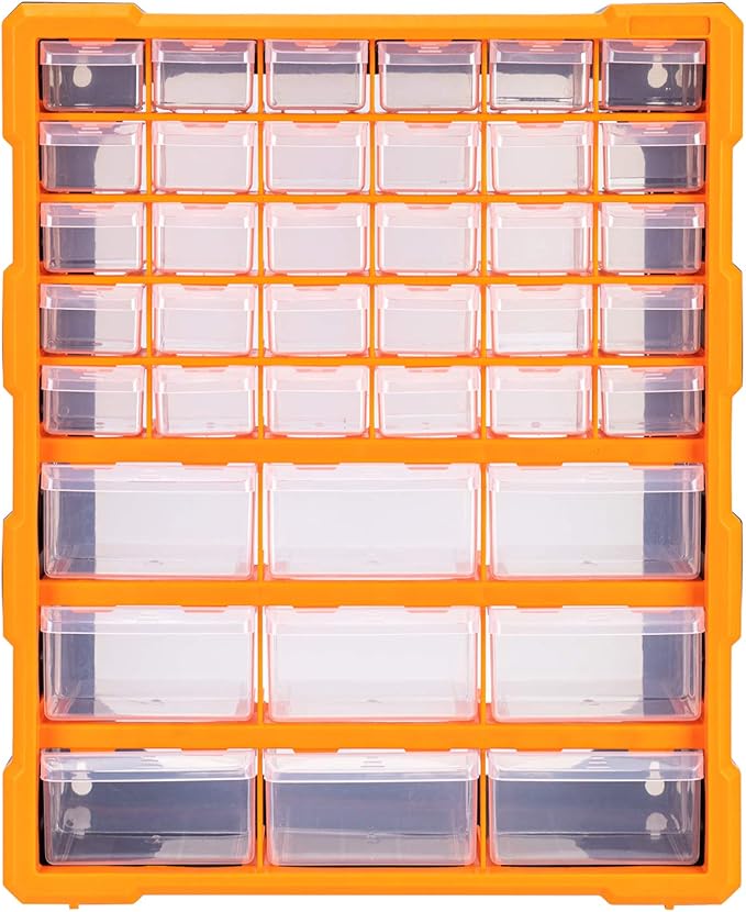 Amazon Basics Wall Mount Hardware and Craft Storage Cabinet Drawer Organizer 39 Drawers, Black, Orange, 15 L x 6.3 W x 18.6 H inches (LxWxH)
