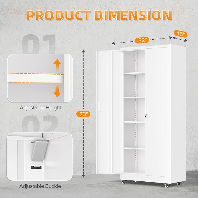 Superday 72¡± Metal Cabinet with Wheels, Lockable Steel Utility Cabinet with 2 Doors and 4 Adjustable Shelves, Tall Storage Cabinets for Garage, Home Office, Kitchen Pantry, Living Room, White