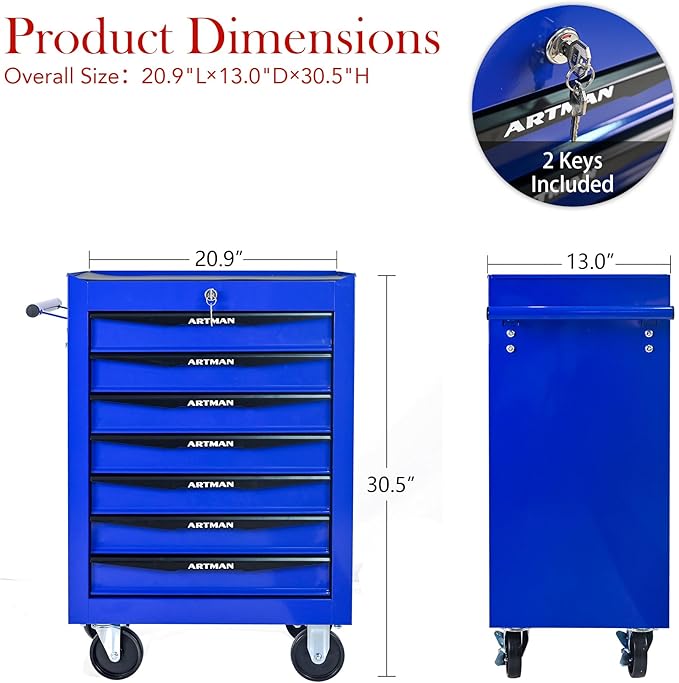 RYH 7 Drawers Rolling Tool Chest - 13 D x 20.9 W x 30.5 H Heavy Duty Mobile Tool Cart with Locking Wheels & Ball Bearing Drawers, Garage Tool Storage Cabinet (Blue, 7 Drawers)