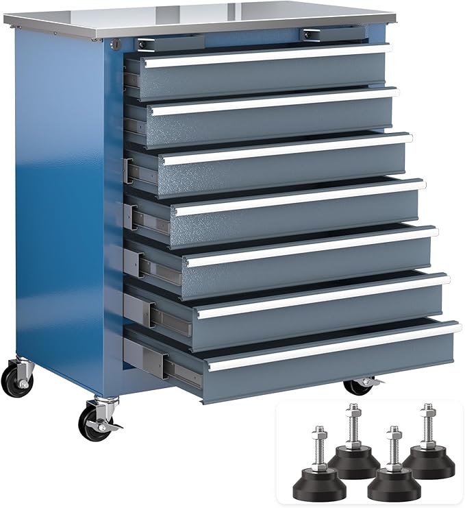 LARBANKE 7-Drawer Rolling Tool Chest with Stainless Steel Countertop,Tool Chest with Secure Locking System,Tool Cabinet with 360¡ÆWheels and Padded Feet,for Home, Garage and Office