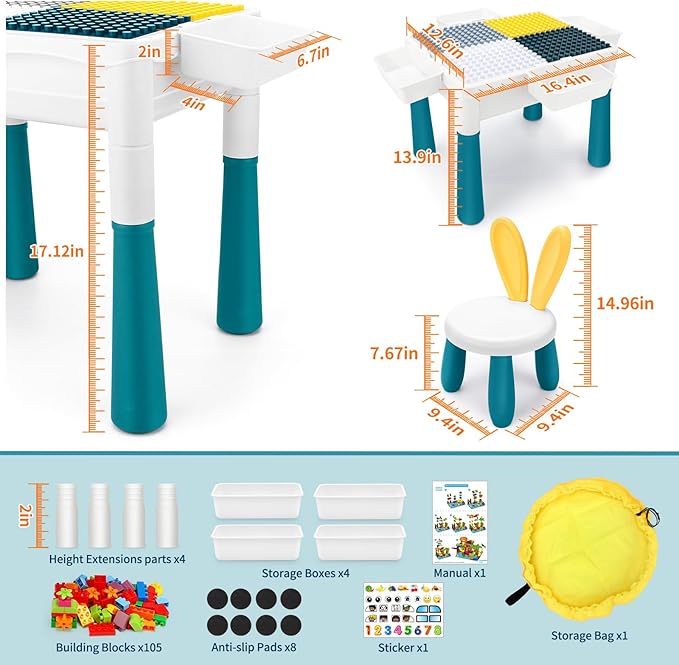 Kids Activity Table, 6-in-1 Play Table Chair Set - Adjustable Height, Storage Box, 105pcs Marble Run Building Blocks, Water & Sand Table Playset Toy Gift for Toddlers