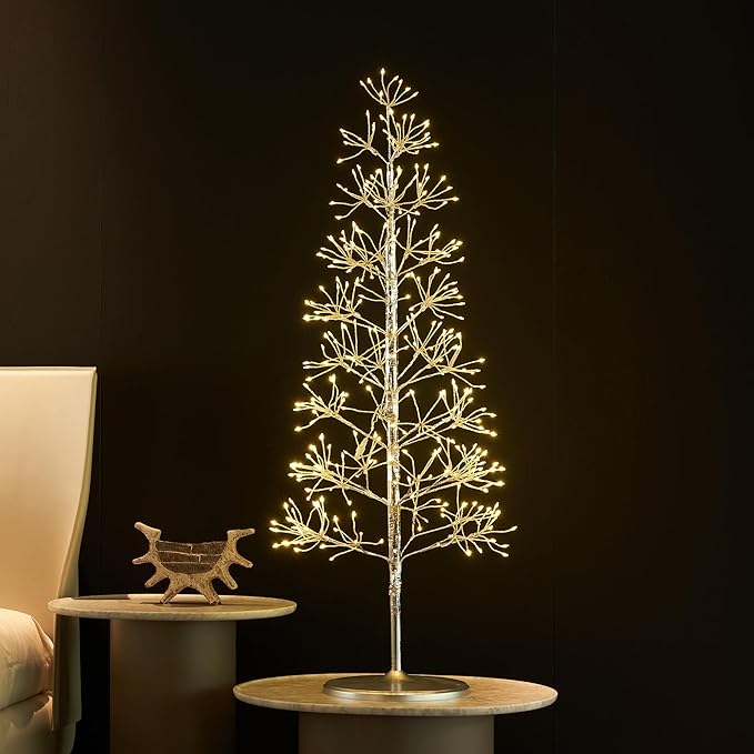 LITBLOOM Lighted Silver Starburst Tree 576 Heavy Duty LED Lights, Twig Tree with Lights 4FT for Home Fireplace Living Room Christmas Decoration Indoor Outdoor