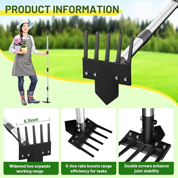2-in-1 Heavy-Duty Weed Puller Tool with 5-Tine Rake ? 30 to 60 Adjustable Handle, Hoes for Gardening, Hoe Garden Tools for Loosening Soil, Planting, Weeding