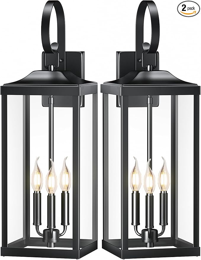 2 Packs 24" Extra Large Outside Wall Light Fixture 3-Light, Black Outdoor Porch Lantern Wall Mounted, Waterproof Modern Outside Wall Sconce Coach Lamp for House, E12