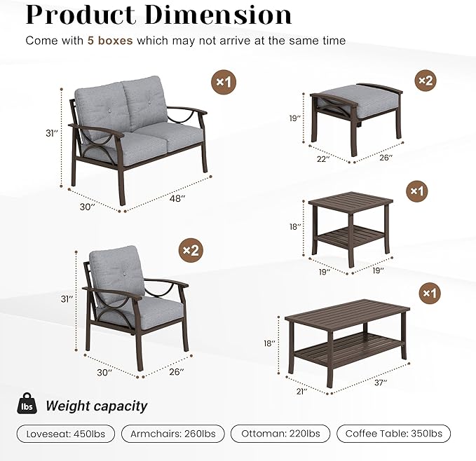 7-Piece Outdoor Patio Furniture Set, Outdoor Metal Sectional Furniture with Cushions, Outdoor Conversation Seating Set with Side Table for Garden, Balcony, Deck, Backyard, Grey