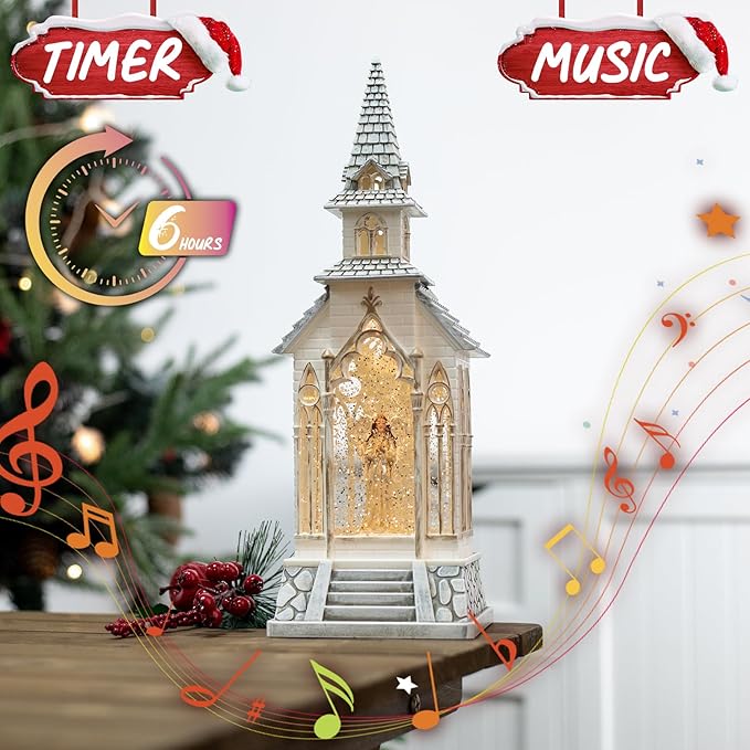 13Inch Christmas Snow Globes Churches Village Angel Musical Christmas Decorations Light Up Snow Globe Lantern 6H Timer Glitter Globe Decor Indoor