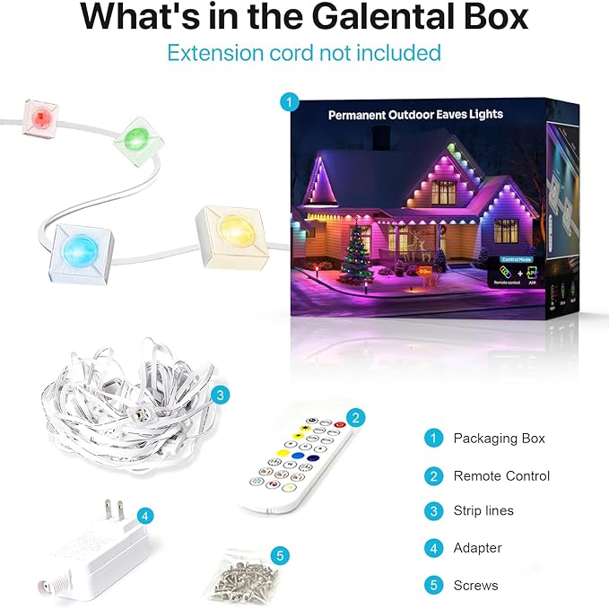 200FT RGB+IC LED Permanent Outdoor Lights, Eave Lights with Smart APP & Remote Control, 72 Scene Modes, Waterproof IP65 for Holiday Christmas Decorations(Extension Cord Not Included)