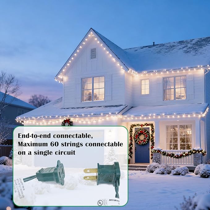 C9 LED Outdoor Christmas Lights,C9 String Lights with Quick Clips,for Xmas House Roof Gutter,Plug in & Connectable,132FT 200 Light,Cold White Faceted