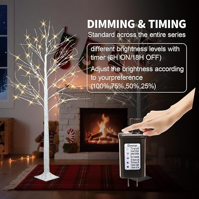Set of 4 - Birch Tree with LED Lights, 2FT 4FT 5FT 6FT White Christmas Tree, Prelit Artifical Tree Outdoor Christmas Decorations, Lighted Twig Tree, Indoor Outdoor Home Yard Chirstmas Decor