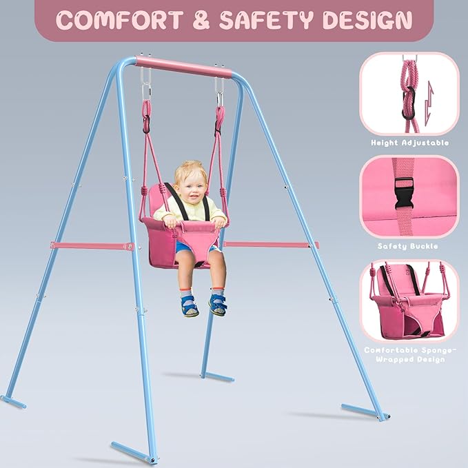 2-in-1 Toddler Swing Set with Foldable Stand, Baby Swingset with 2 Types of Anchors for Indoor & Outdoor, 1 Belt & 1 Soft Swing Seat with Safety Harness & Height Adjuster for 6 Months and Older Kids