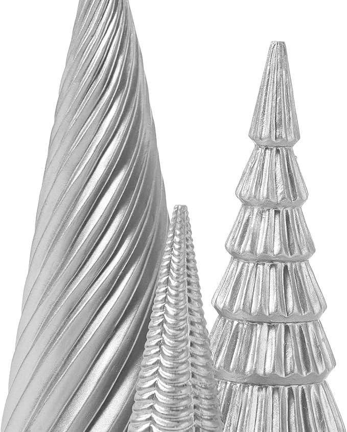 DN DECONATION Silver Christmas Tree Figurines Set of 3, Table Top Xmas Tree Decor with Glitter, Modern Pine & Swirl Design, Resin Christmas Trees for Mantel, Desk, Fireplace,Holiday Centerpiece