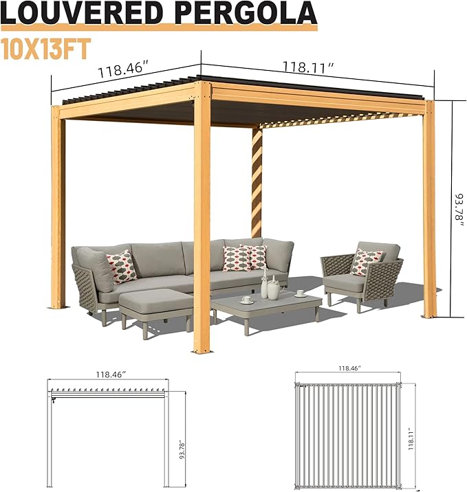 10’ x 13’ Louvered Pergola, Outdoor Pergola Aluminum Frame with Adjustable Rainproof Metal Roof, Permanent Sun Shade with Drainage System for Backyard, Garden and Lawn (Wooden Grain)