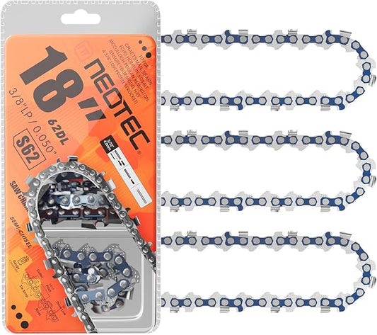 NEO-TEC 18 Inch Chainsaw Chain 3 Pack - S62-0.050" Gauge, 3/8"LP Pitch, 62 Drive Links Fit for Poulan, Kobalt, Echo, Ego, Greenworks Chainsaw and More