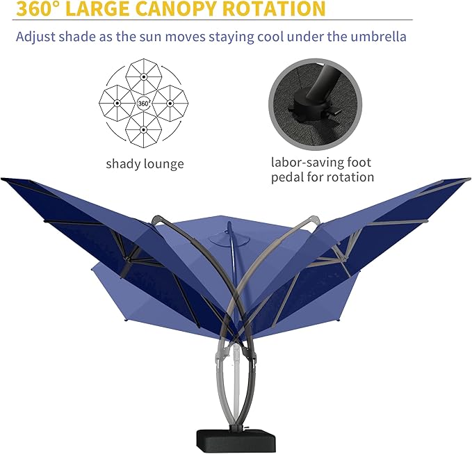 Kingdura 11ft Offset Cantilever Patio Umbrella with Base Included, Large Round Aluminum Outdoor Umbrella, 360° Rotation & Infinite Tilt, Heavy Duty Frame for Deck Pool Backyard, Navy blue