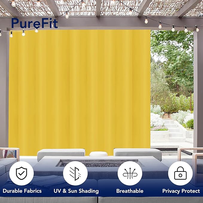 PureFit Outdoor Curtains for Patio Waterproof Weatherproof, UV and Fade Resistant Outside Curtains for Gazebo, Front Porch, Pergola, Sun Blocking Privacy Curtain, 100W x 108L inch, 1 Panel, Yellow